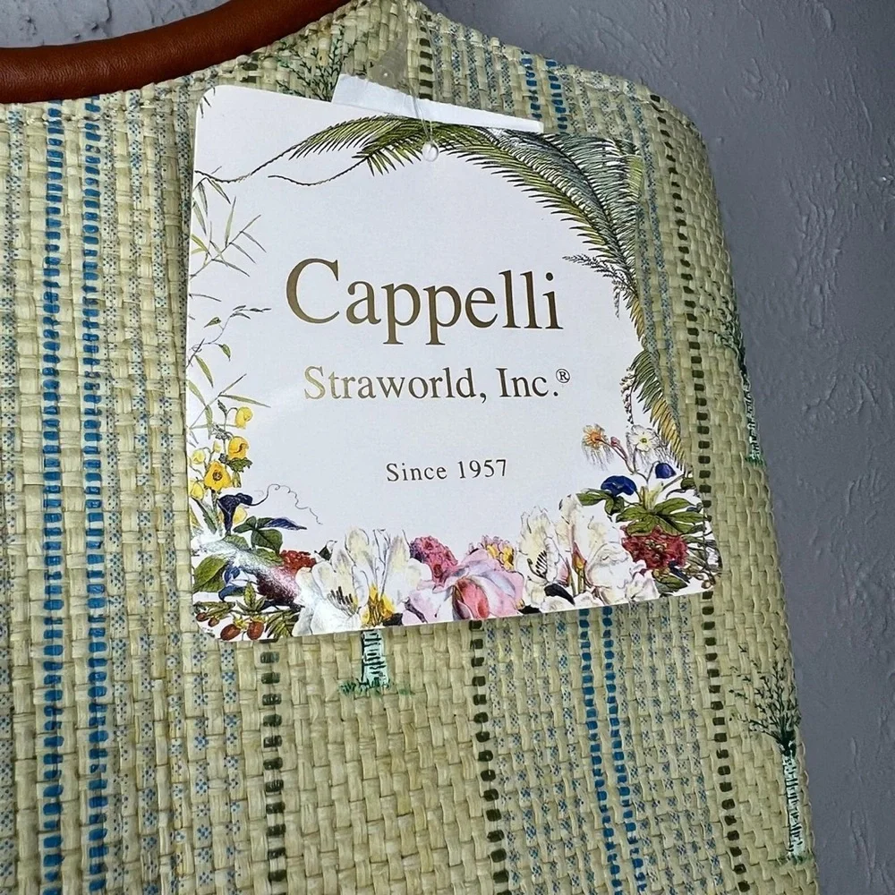 Capelli of New York Pale Yellow & Blue Woven Satchel with Brown Round Handles